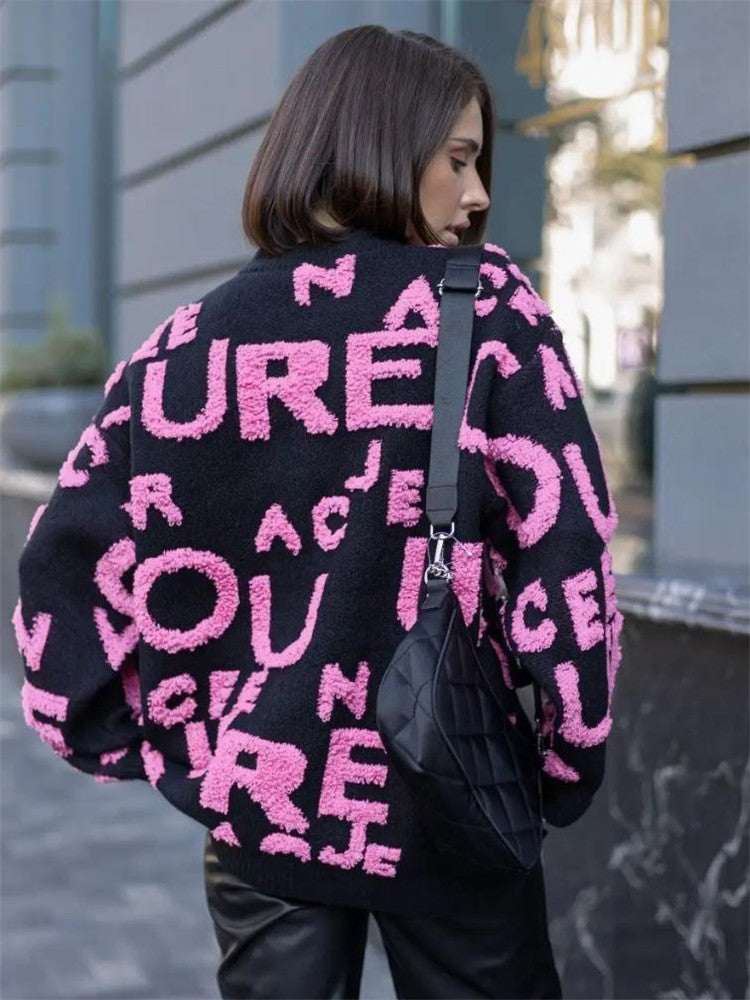 Street-wave Womens Oversized Knit Sweater With Bold Lettering For Casual Chic Comfort