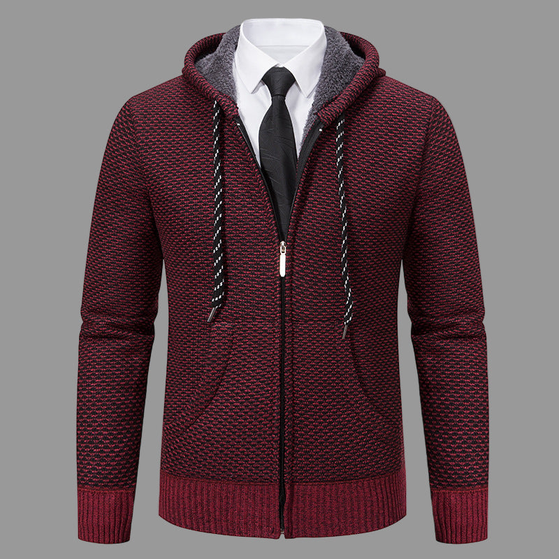 Street-Wave Mens Hooded Cardigan Knit Blend Full Zip With Ribbed Cuffs For Smart Casual Layering