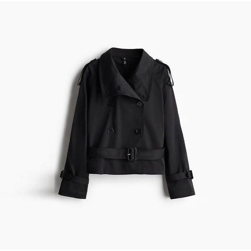 Street-wave Womens Cropped Trench Coat Jacket With Wide Collar Belt For Modern Day To Night Chic Style
