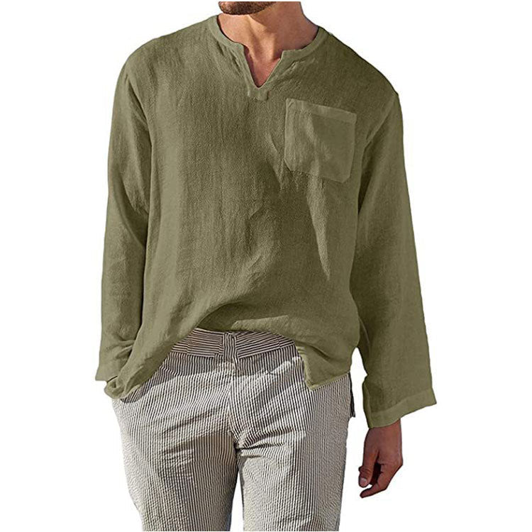 Street-Wave Men's Linen Henley Shirt Long Sleeve With Chest Pocket Breathable Comfort