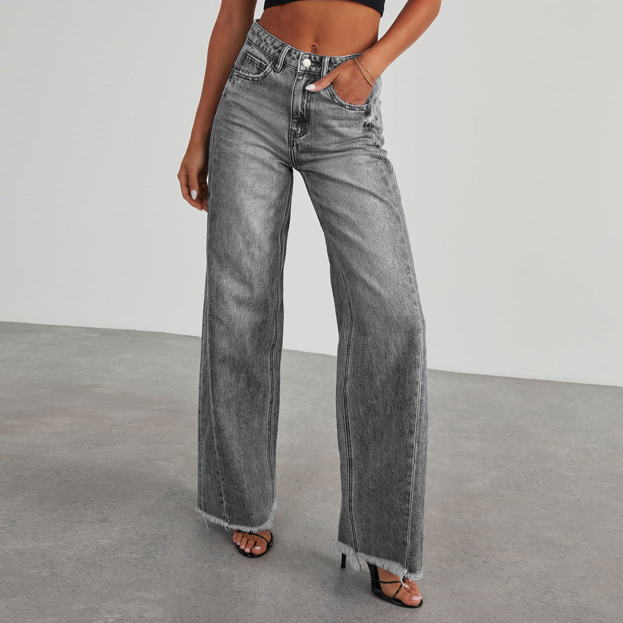 Street-wave Wide Leg Jeans For Women With Frayed Hem Trendy Casual Denim For Everyday Fashion