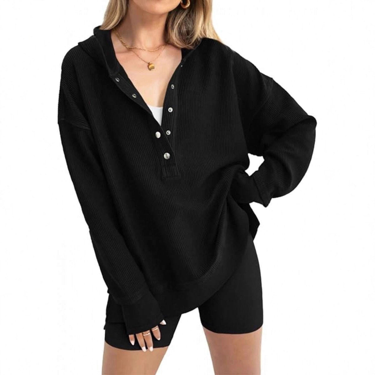 Street-Wave Women's Ribbed Hoodie With Button Placket, Drop Shoulders, And Relaxed Fit For Casual All Day Comfort