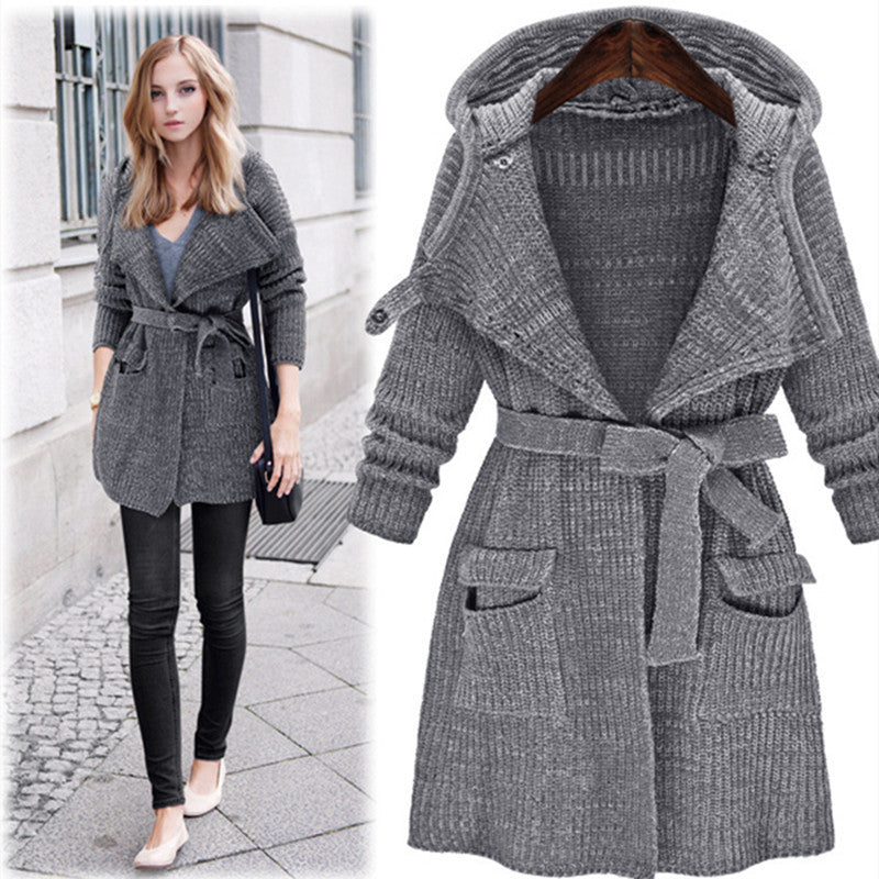 Damen Strickmantel mit Kapuze und praktischen Taschen Street-wave - Street-wave