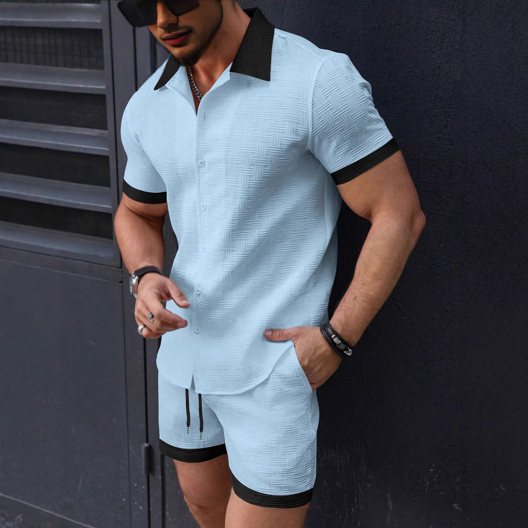 Mens Jacquard Texture Shirt And Shorts Set With Lapel Collar And Drawstring Waist Relaxed Fit