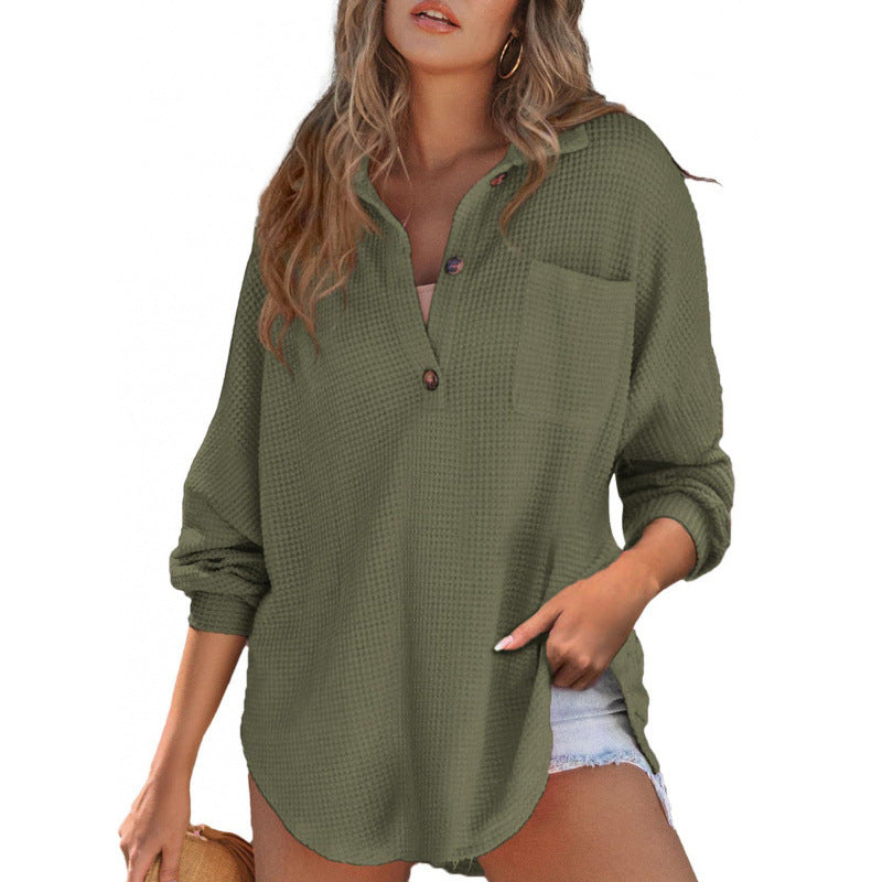 Street-wave Waffle Knit Shirt For Women Stand Collar Button Placket Breathable Casual Essential Versatile Everyday Top