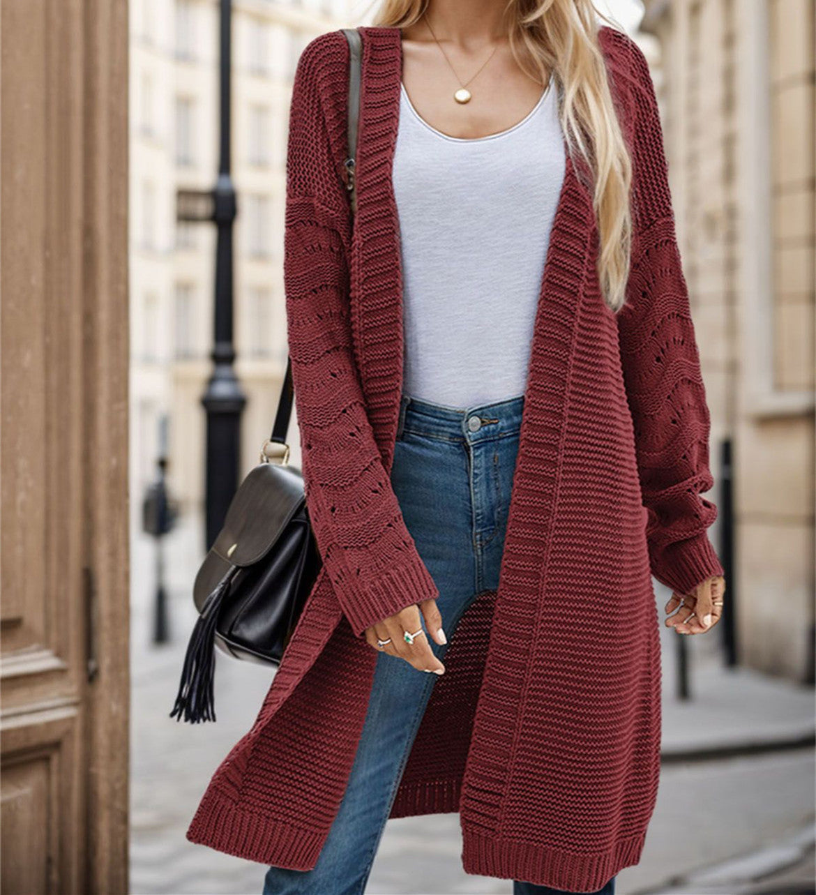 Street-wave Women Long Knit Cardigan With Airy Mesh Knit Open Front For Cozy Everyday Style