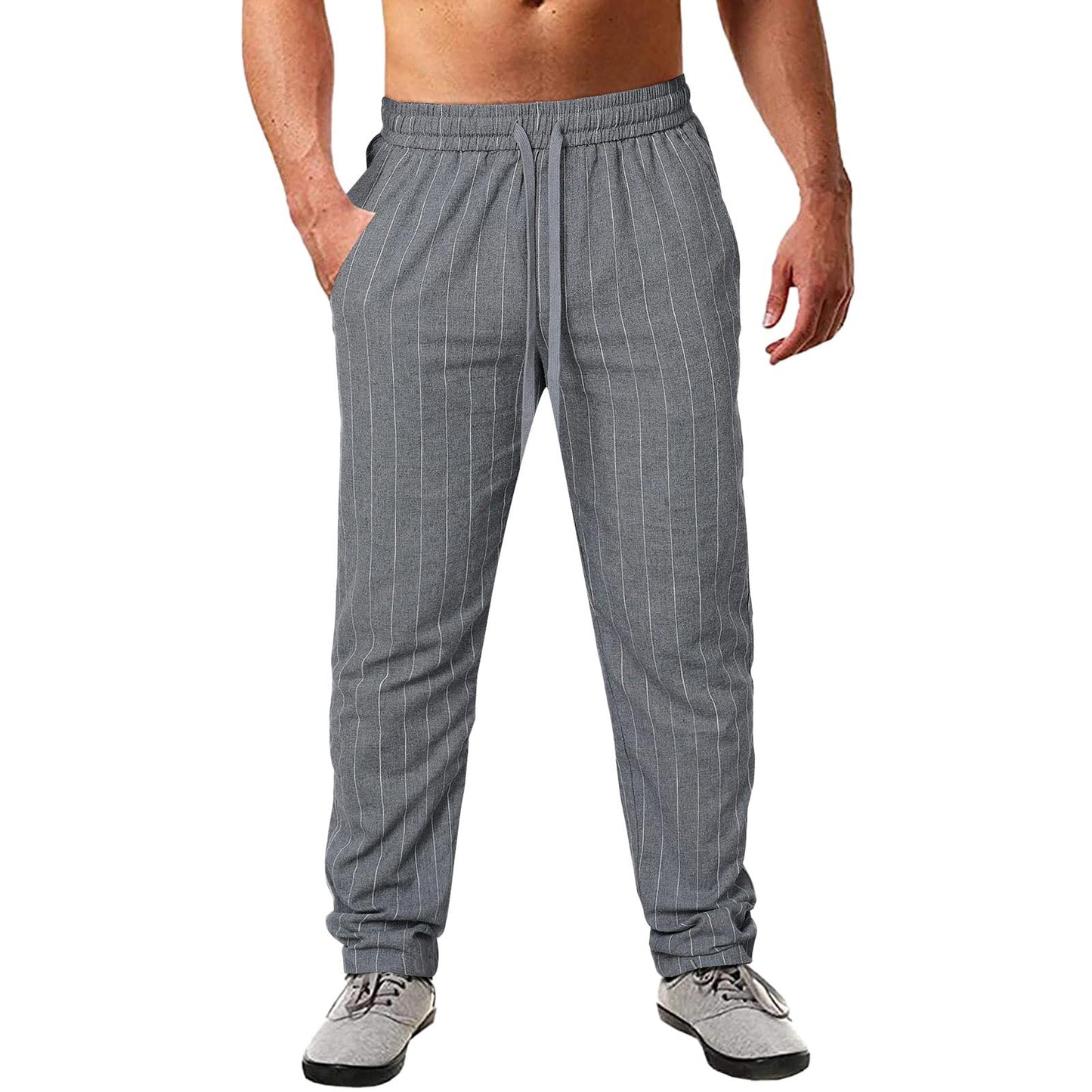 Mens Striped Cotton Blend Pants With Elastic Waistband And Pockets Streetwave Everyday Comfort
