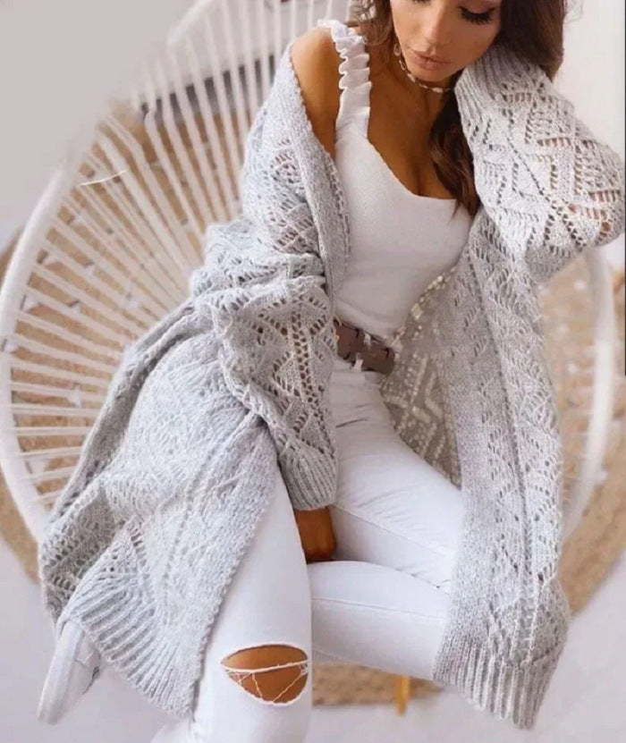 Street-wave Women's Oversized Knit Cardigan With Ajour Lace Pattern For Cozy Luxury And Everyday Wear