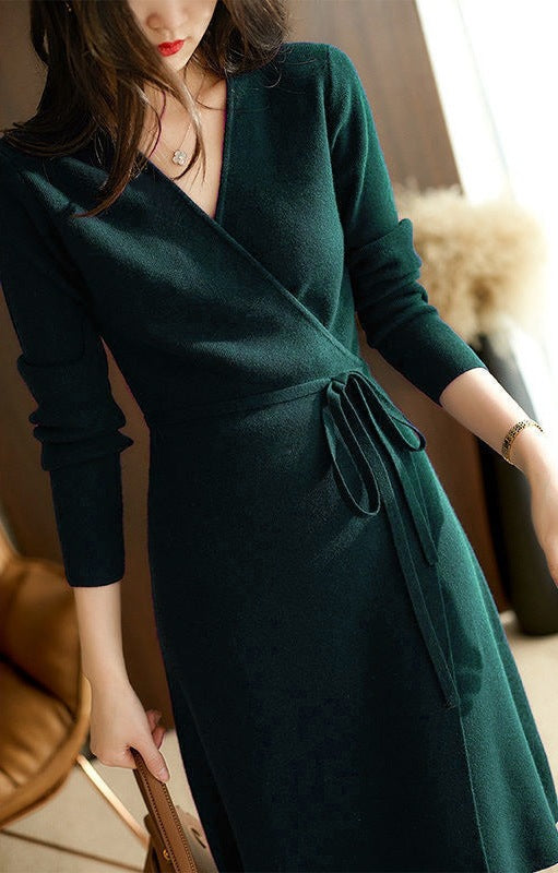 Street Wave Women's Wrap Dress With Long Sleeves V Neck Flattering Waist Tie Elegant Comfort