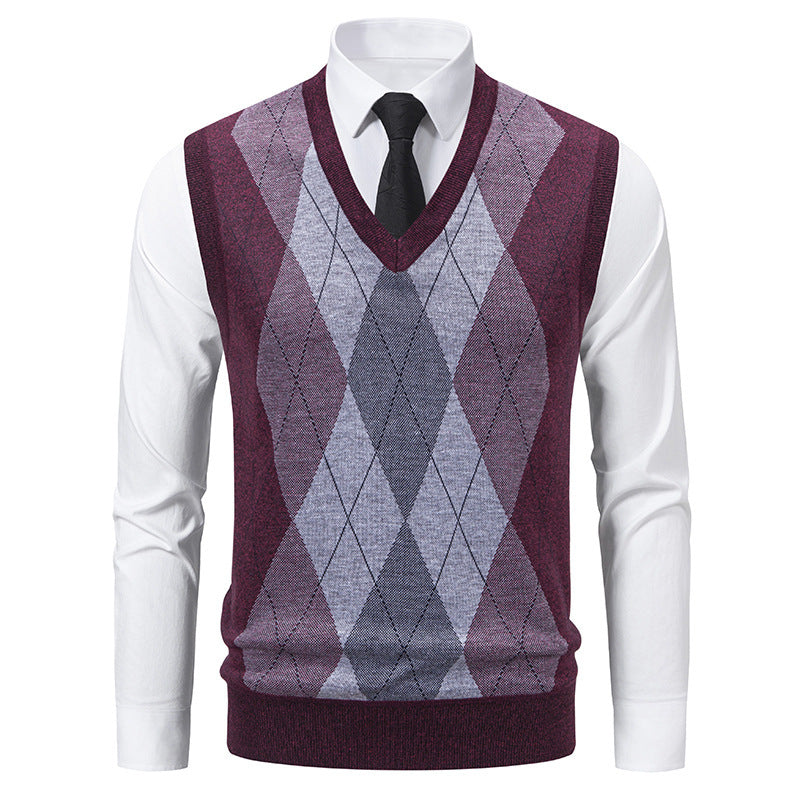 Street-wave Mens V Neck Argyle Sweater Cotton Knit For Smart Casual And Formal Wear