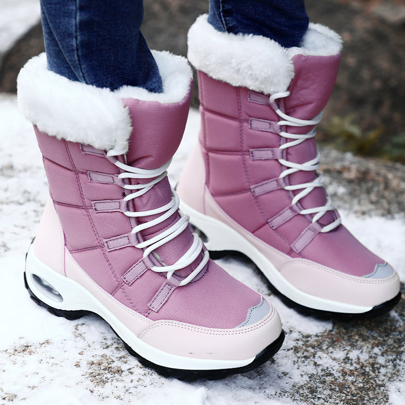 Street-Wave Mid-Calf Quilted Winter Boots With Lace Up And Air Cushioned Sole For Cold Weather Comfort