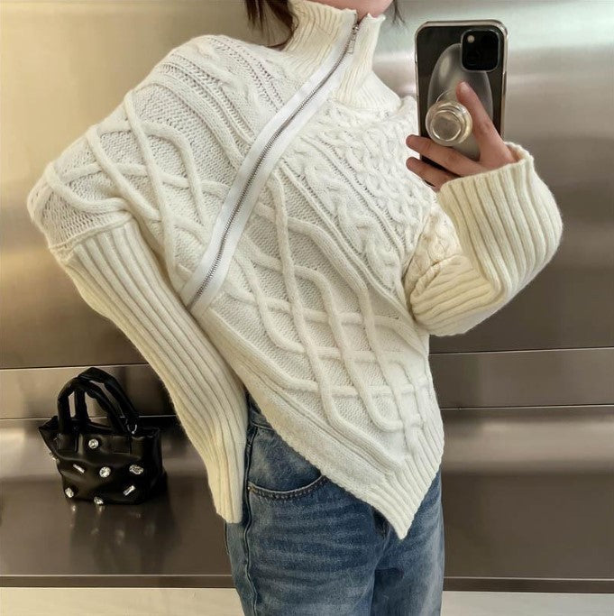 Street Wave Womens High Collar Knit Sweater with Asymmetrical Design for Cozy Everyday Style