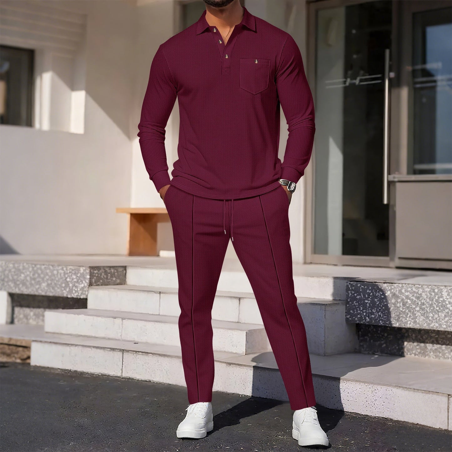 Street-Wave Men's Elegant Casual Suit With Textured Top And Comfortable Pants For Smart Casual