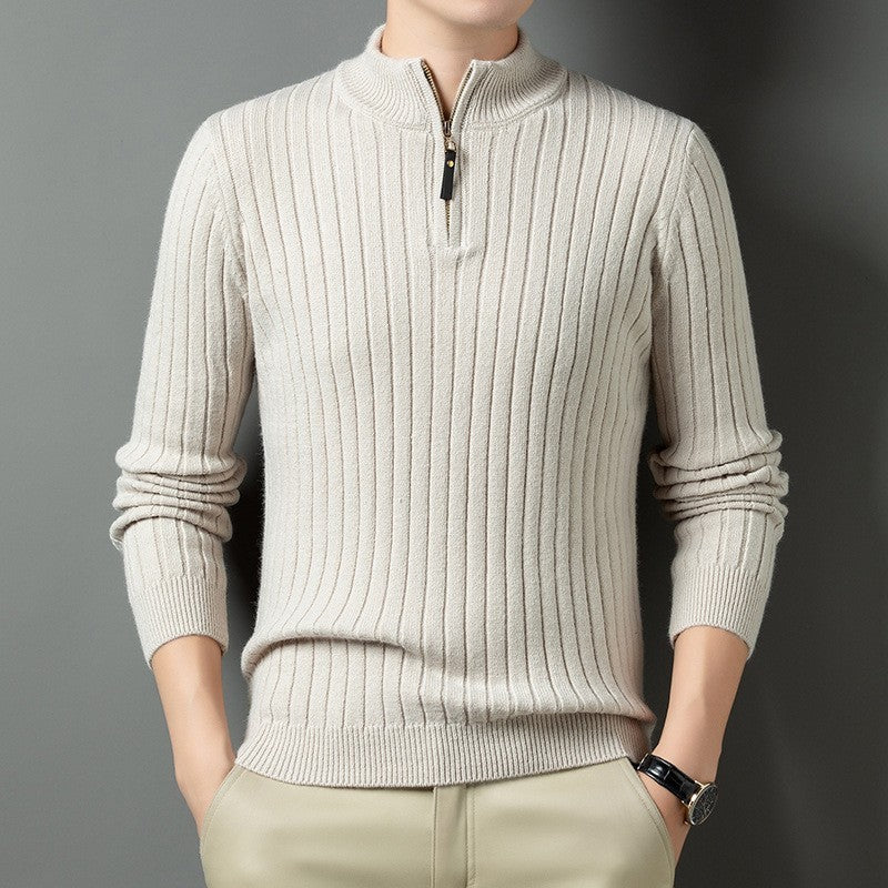 Street-wave Men's Rib Knit Pullover With Stand Collar Zip Breathable Office And Casual Wear