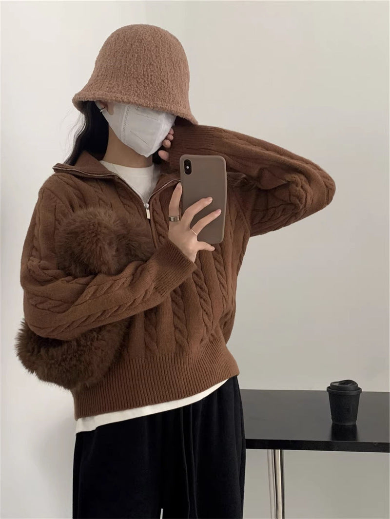 Street Wave Women Cozy Cable Knit Pullover With High Collar Zip Soft Warm Versatile