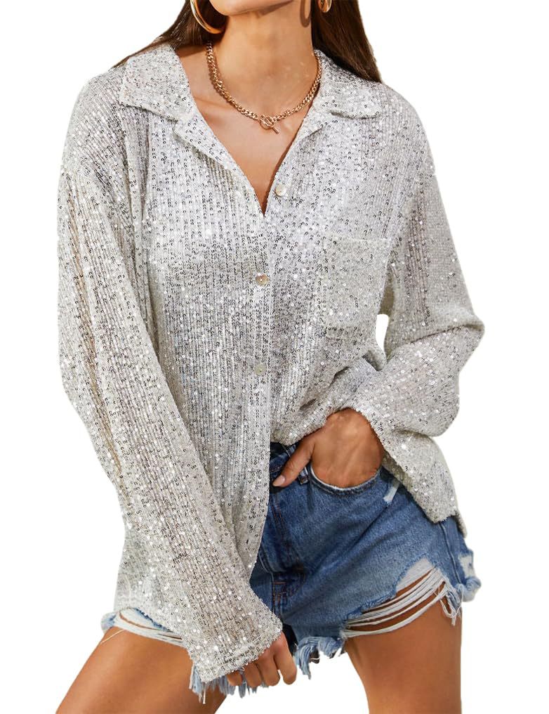 Glittery Oversized Blouse Street-wave for Fashion-Forward Women Relaxed Fit Casual-Chic