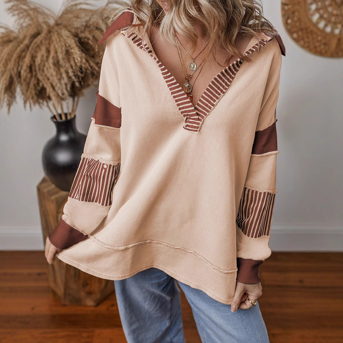 Street-wave Women Shirt Collar Pullover With Striped Sleeves Cotton Comfort Chic Casual Everyday Essential Relaxed Fit