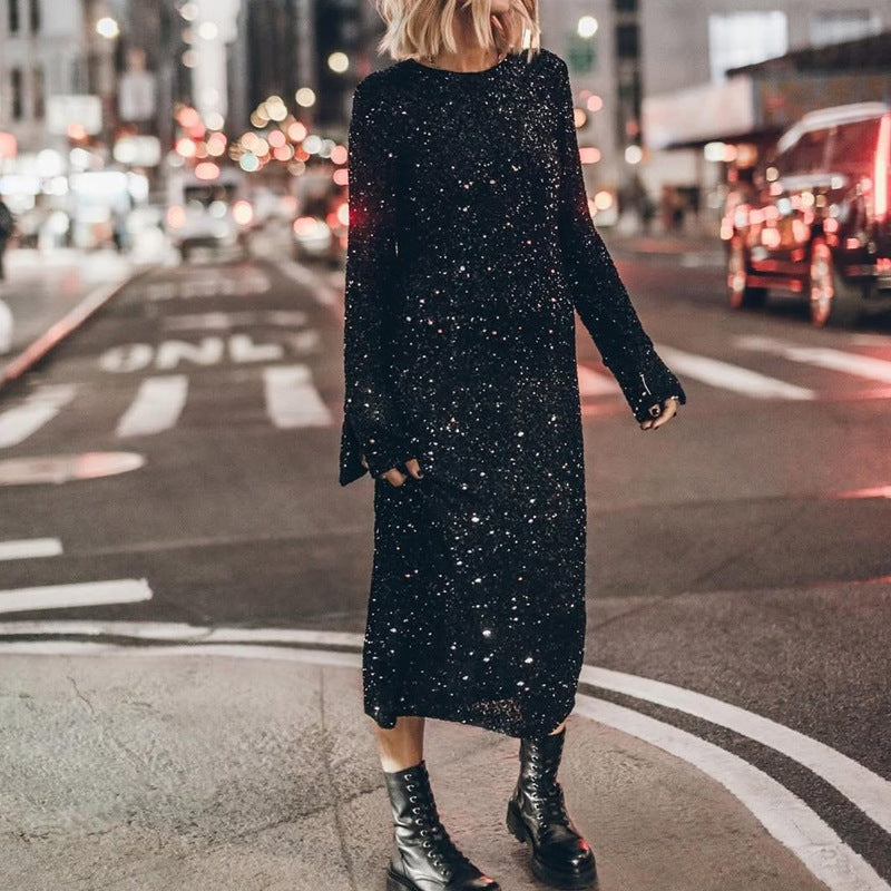 Street-Wave Womens Glitter Long-Sleeve Dress For Festive Events Dazzling Sequin Glamour