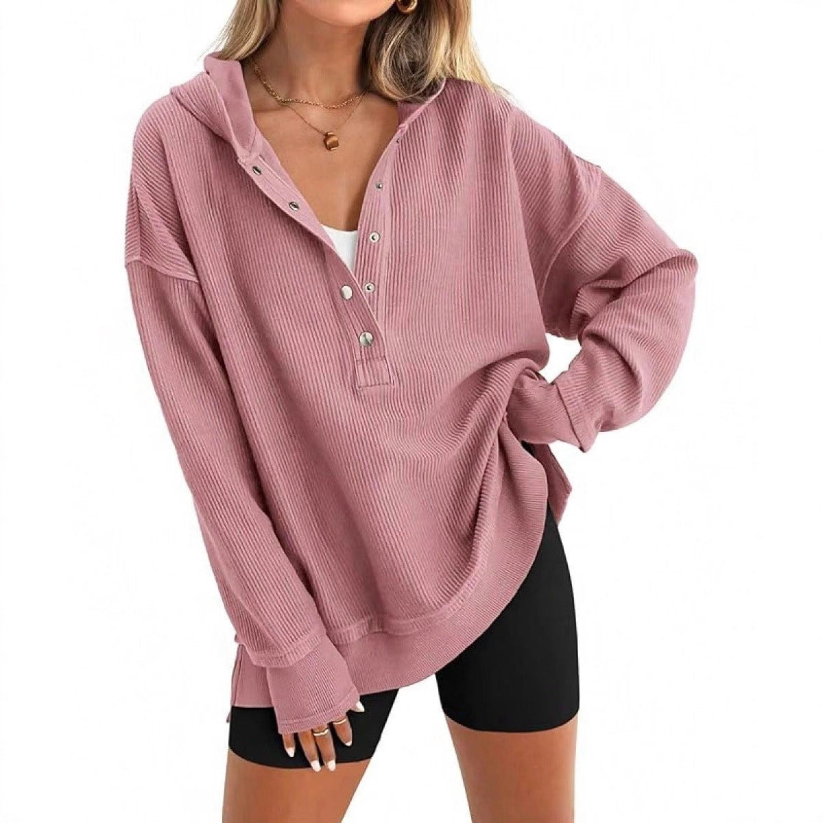 Street-Wave Women's Ribbed Hoodie With Button Placket, Drop Shoulders, And Relaxed Fit For Casual All Day Comfort