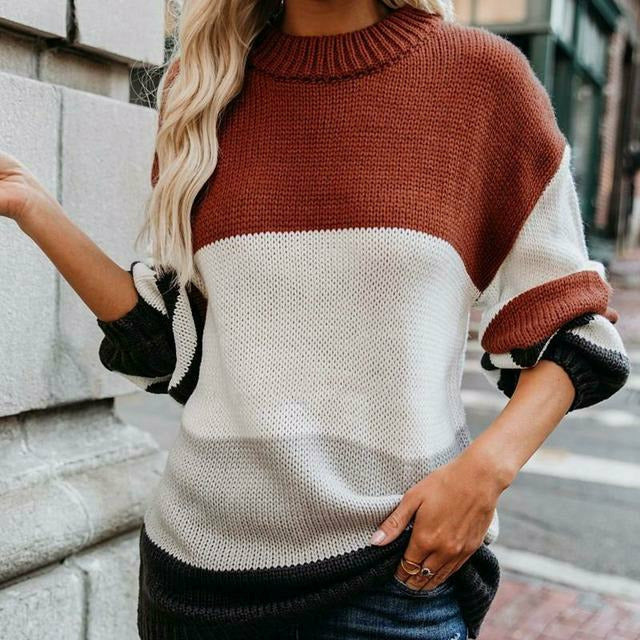 Street-wave Striped Knit Pullover With Double Stitch Seam, Cozy Cotton-Poly Knit Sweater For Women