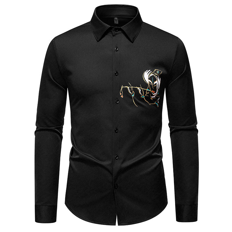 Street-wave Elegant Mens Long Sleeve Shirt With Creative Embroidery Breathable Cotton Office Casual