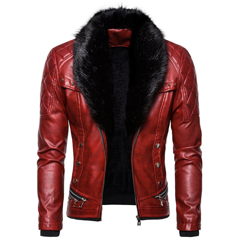 Mens Stylish Faux Leather Jacket With Removable Fur Collar And Speckled Texture Street Wave