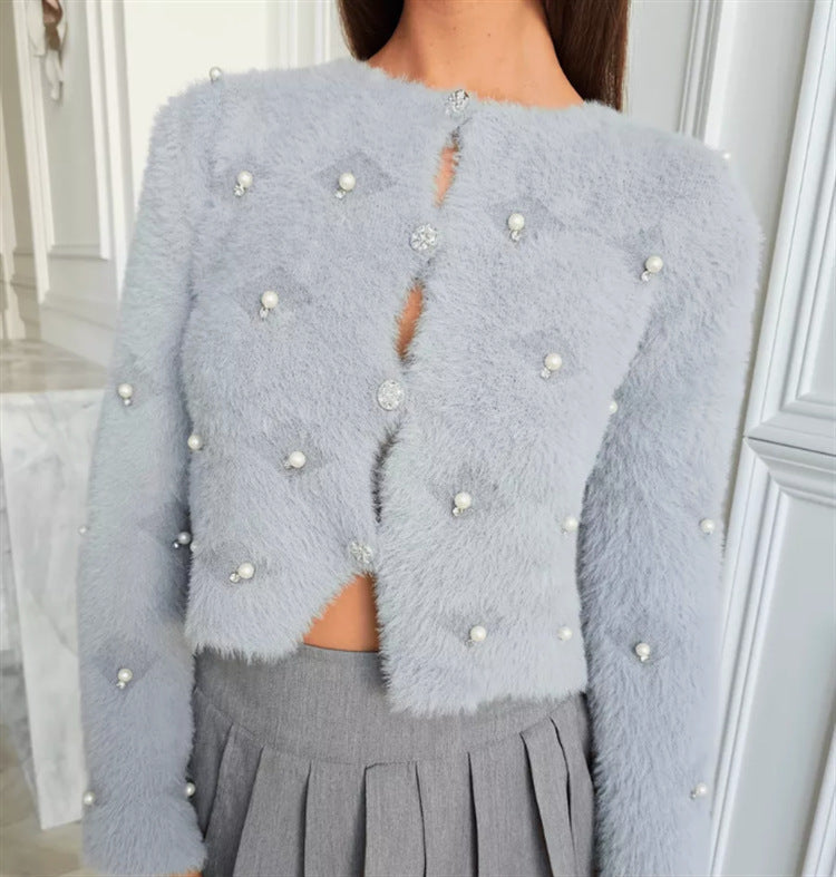Street-Wave Women's Fluffy Knit Cardigan With Pearl Buttons And Elegant Silhouette