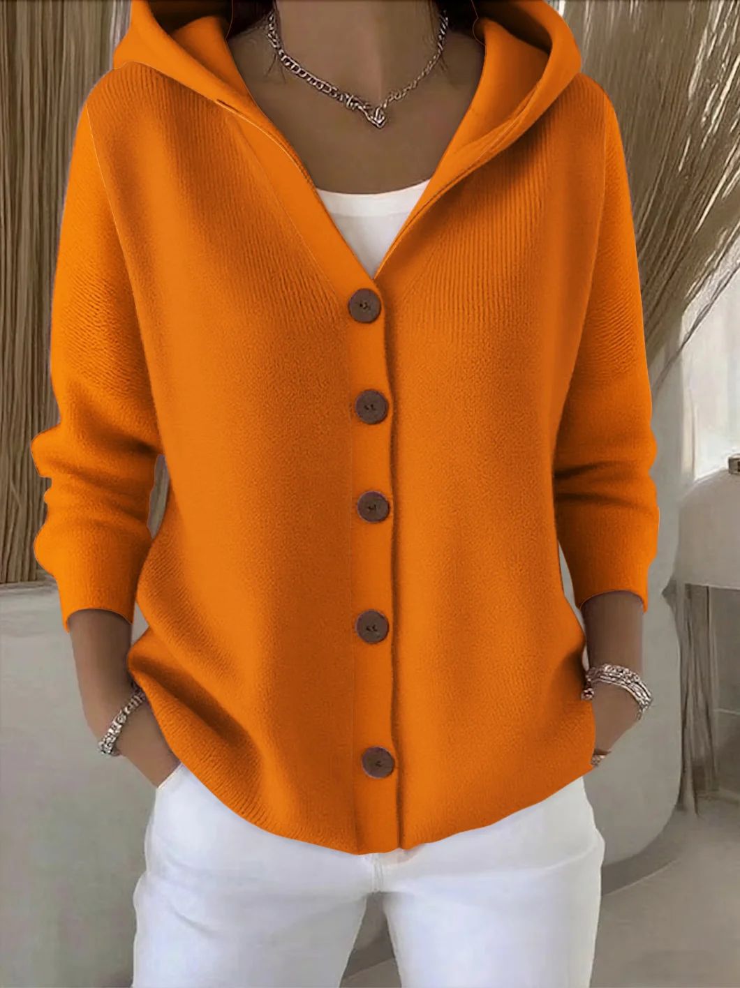 Street-Wave Women's Hooded Knit Cardigan with Button Details and Relaxed Fit for Everyday Comfort