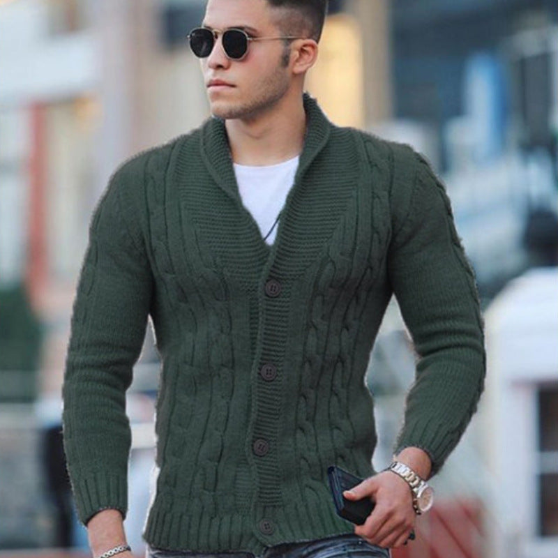 Street-Wave Men's Cable Knit Cardigan With Shawl Collar For Cozy Warmth And Modern Style
