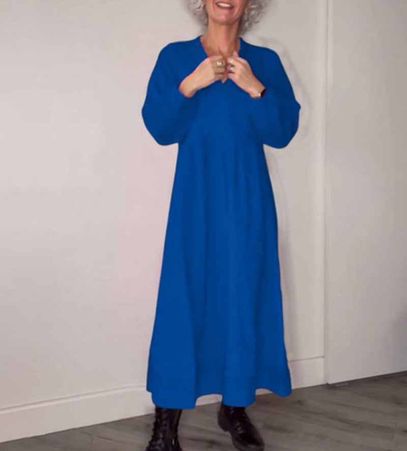 Street-wave Womens Maxi Dress With Elegant V-Neck And Comfortable Long Sleeves In Breathable Fabric For All Day Comfort