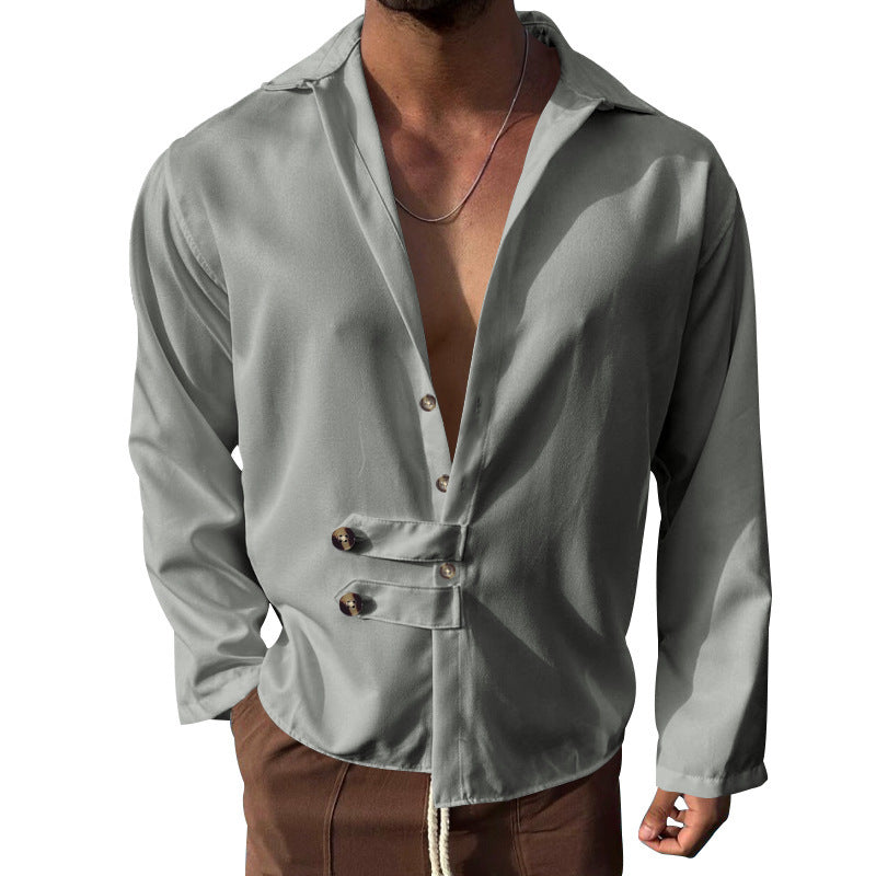 Streetwave Mens Elegant Shirt With Innovative Button Design And Deep V Neck For Modern Men