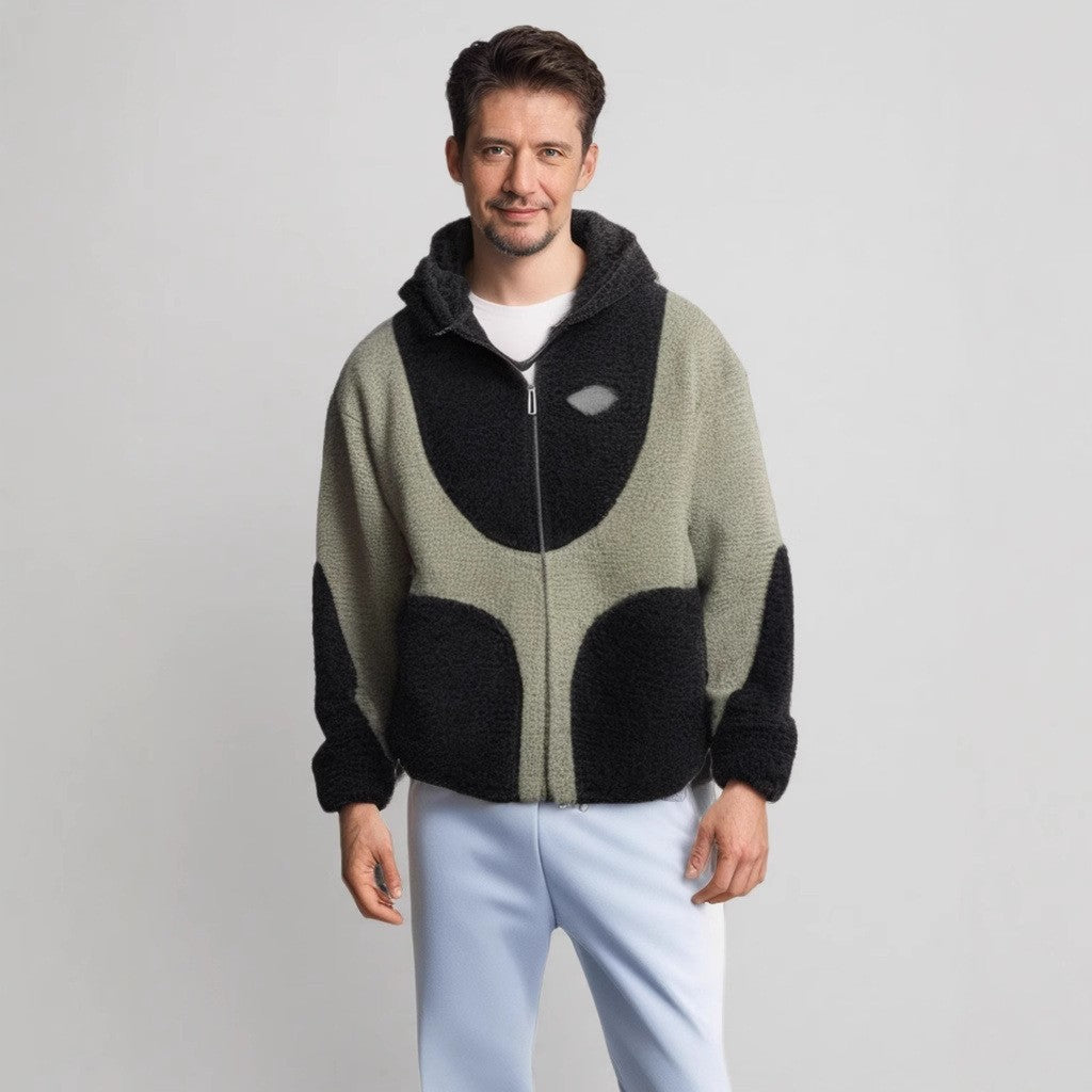 Street Wave Mens Cozy Teddy Jacket With Contrast Stitching For Cold Days Comfort