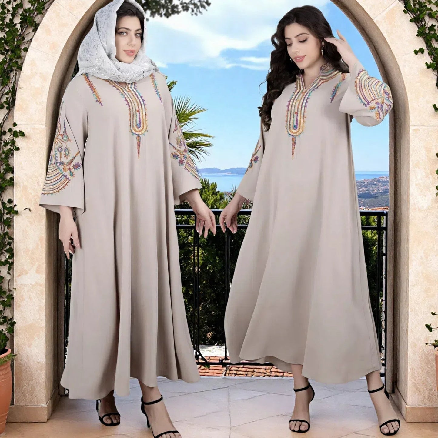 Street Wave Embroidered Long Dress For Women With Traditional Motif And Flowing Silhouette