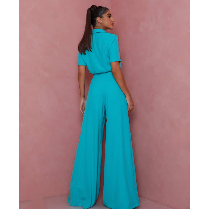 Street-wave Women's Elegant Short-Sleeve Blouse And Palazzo Pants Set Breathable Summer Chic
