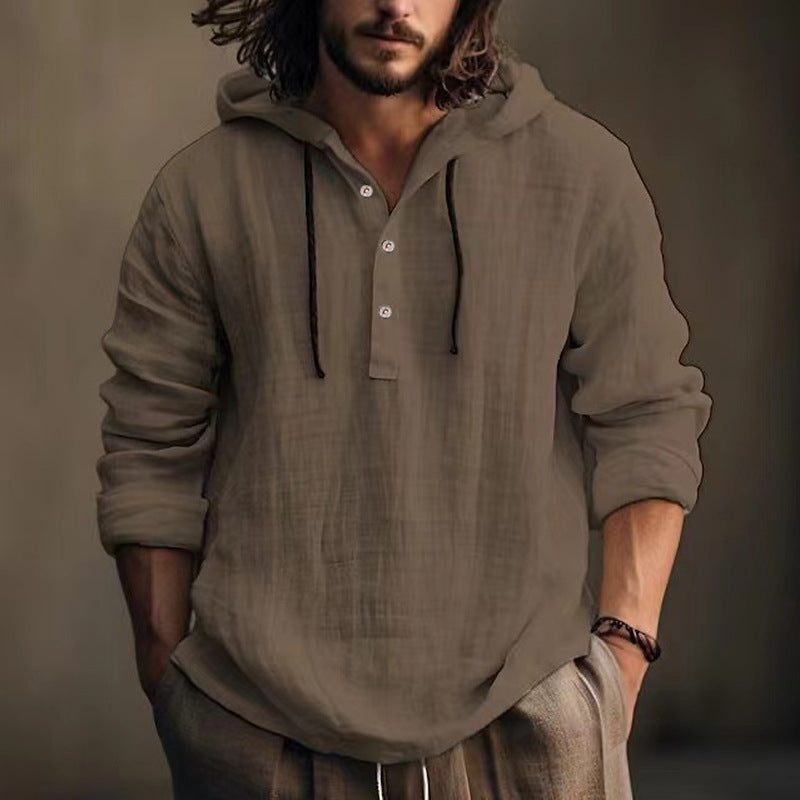 Streetwave Mens Linen Hooded Shirt With Button Placket For Casual Comfort And Breathable Style