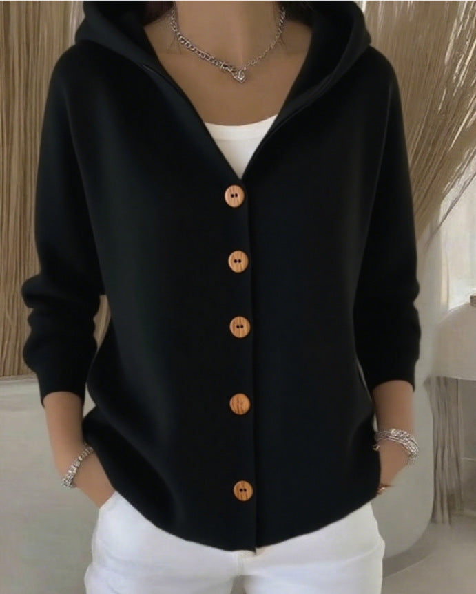 Street-Wave Women's Hooded Knit Cardigan with Button Details and Relaxed Fit for Everyday Comfort