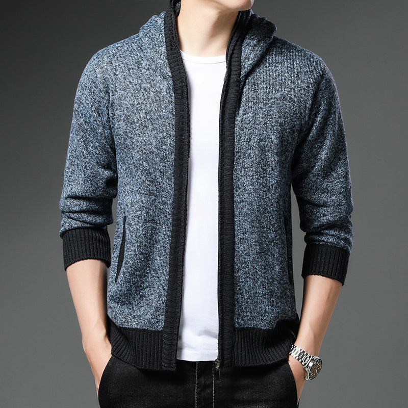 Street Wave Men Hooded Cardigan With Black White Accents Modern Knitwear Comfort Fit