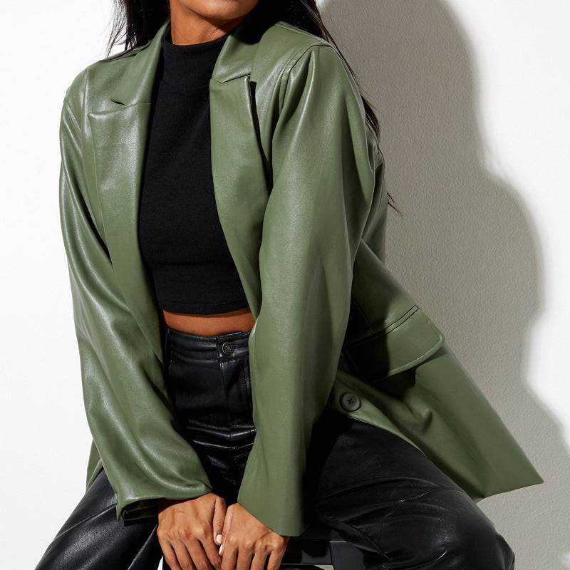 Street-Wave Womens Oversized Faux Leather Blazer Chic Elegant Coat For Fashion Forward Women
