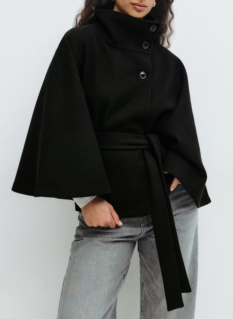 Street-wave Womens Wool Coat With High Collar Belted Cape For Modern Cozy Winter
