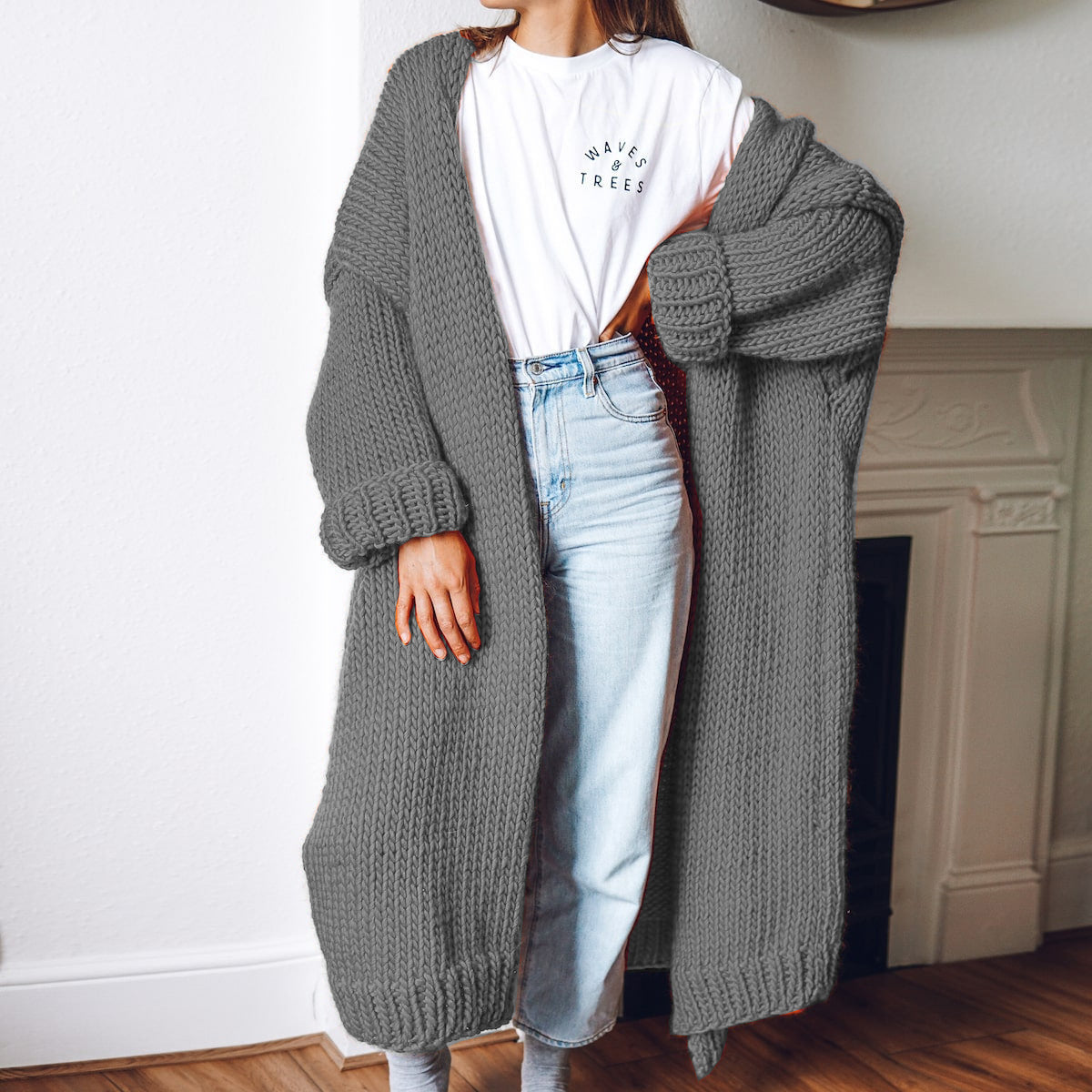 Street Wave Womens Chunky Knit Cardigan Coat With Open Front And Deep Pockets For Comfort