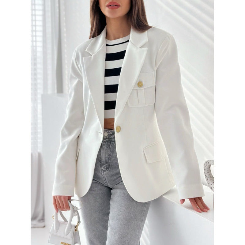Street Wave Womens Double Breasted Tailored Blazer With Pocket Detail For Chic Office Style