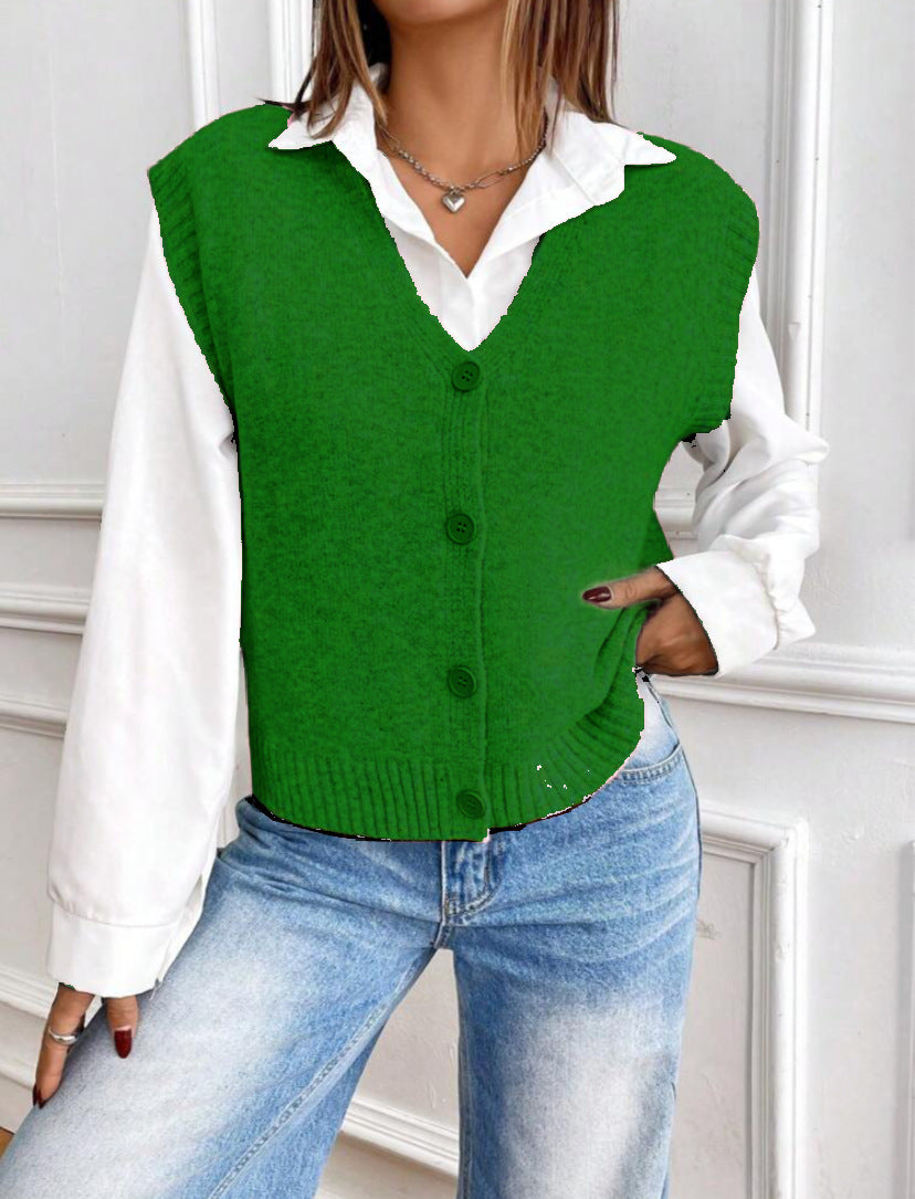 Street-wave Womens Knit Vest V Neck Button Front For Everyday Women Stylish Layering Top
