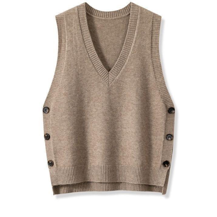 Street-Wave Womens Knit Vest With V-Neck And Button Details For Stylish Office To Casual Layering