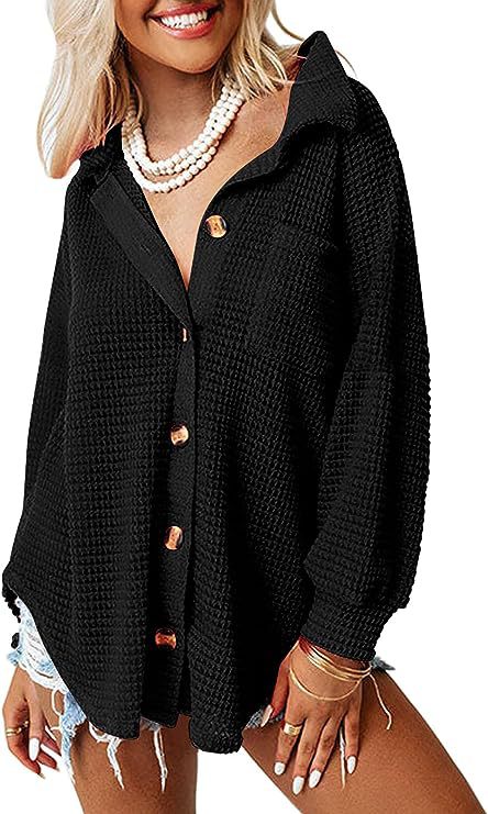 Street Wave Waffle Knit Shirt Jacket Women Oversized Casual Button Front Cozy Chic Everyday Layering