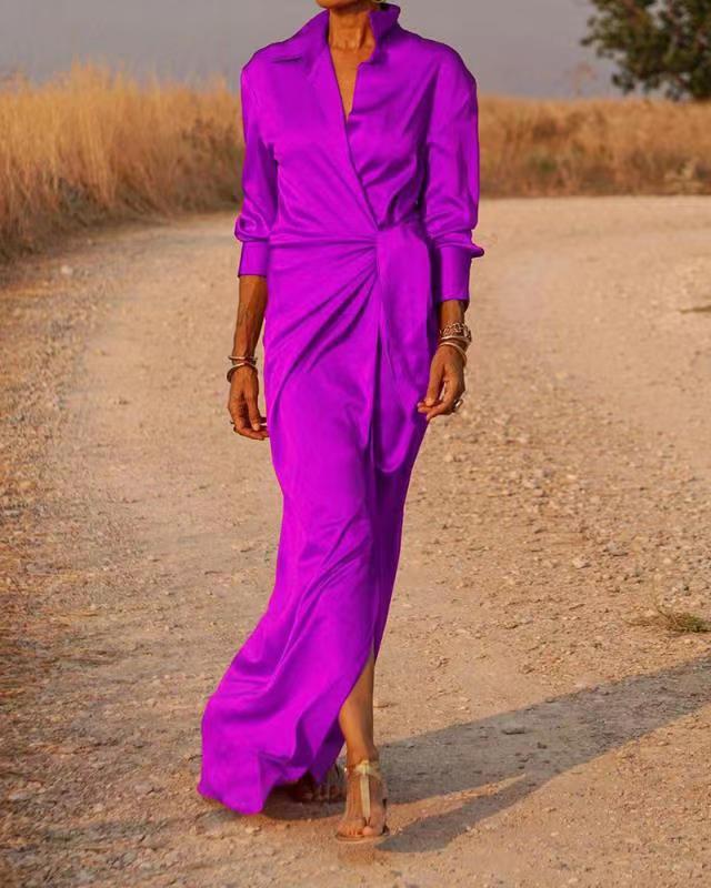 StreetWave Luxurious Satin Wrap Maxi Dress With Versatile Collar And Side Slit For Women