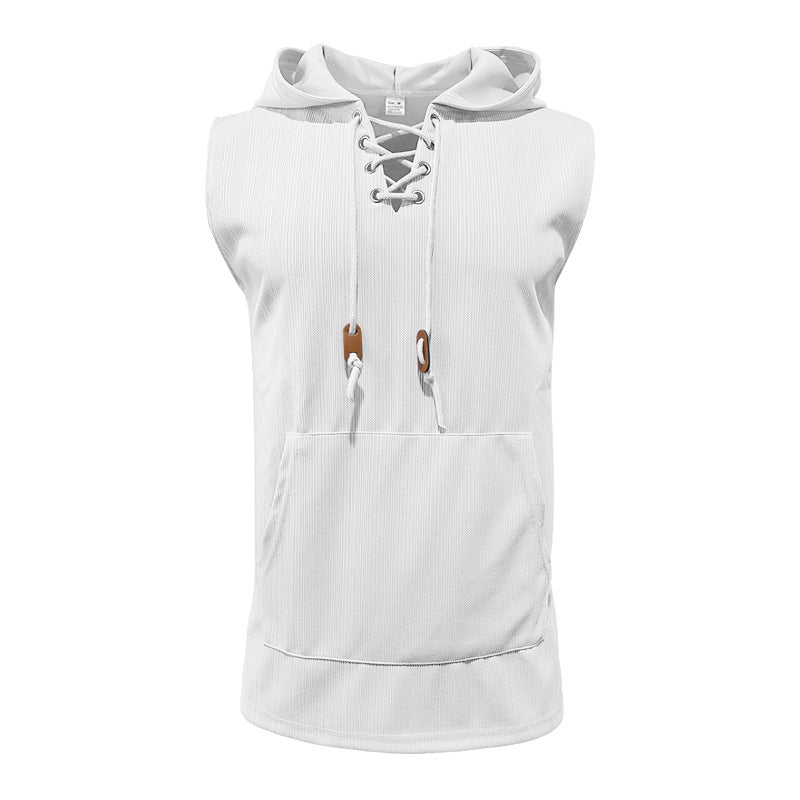 Street-Wave Mens Sleeveless Hooded Tank Top With Lace-Up Front For Active Athletes
