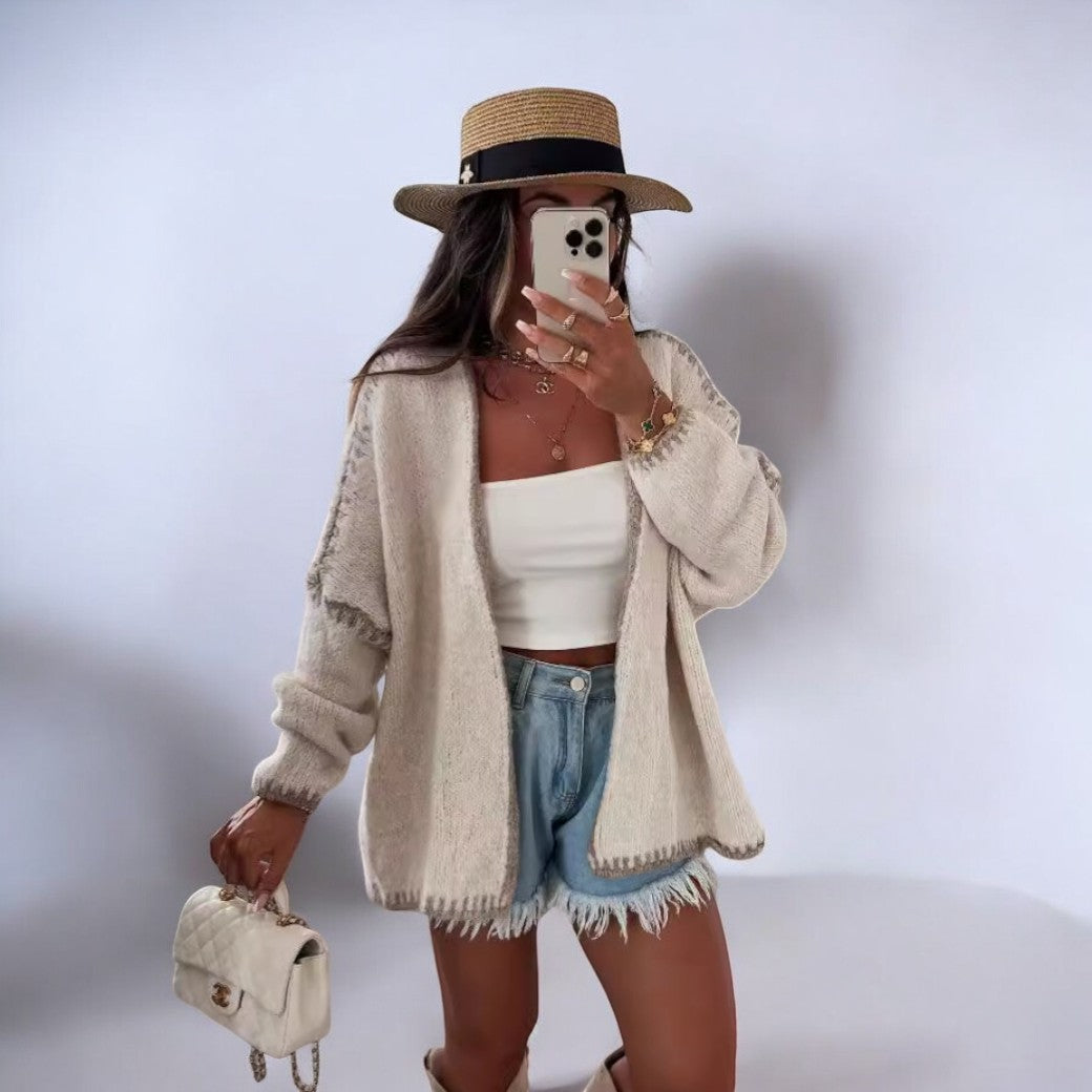 Street-Wave Oversized Knit Cardigan For Women, Cozy Warmth With White Trim, Elegant Style