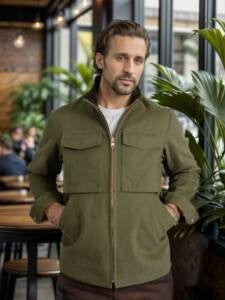 Mens Olive Transitional Jacket With Practical Pockets Street-wave For Men Modern Versatile Outerwear