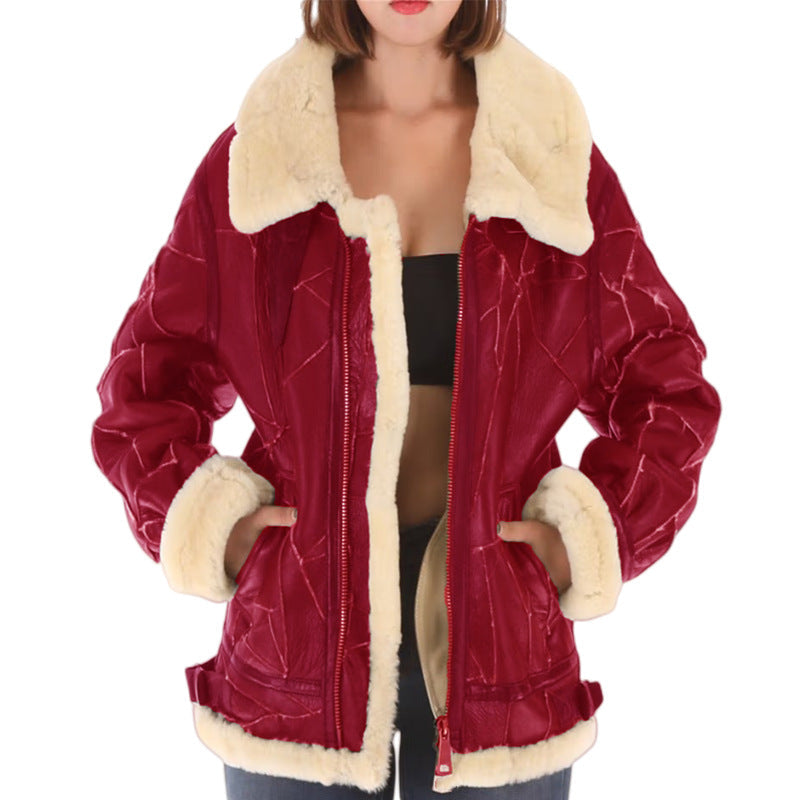 Street-Wave Women Faux Fur Lined Aviator Bomber Jacket For Winter Warm Cozy Style Streetwear