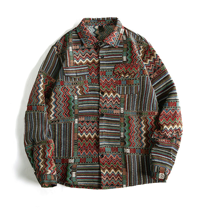 Street-Wave Womens Plaid Shirt Jacket Geometric Aztec Print Cozy Casual Layering Piece